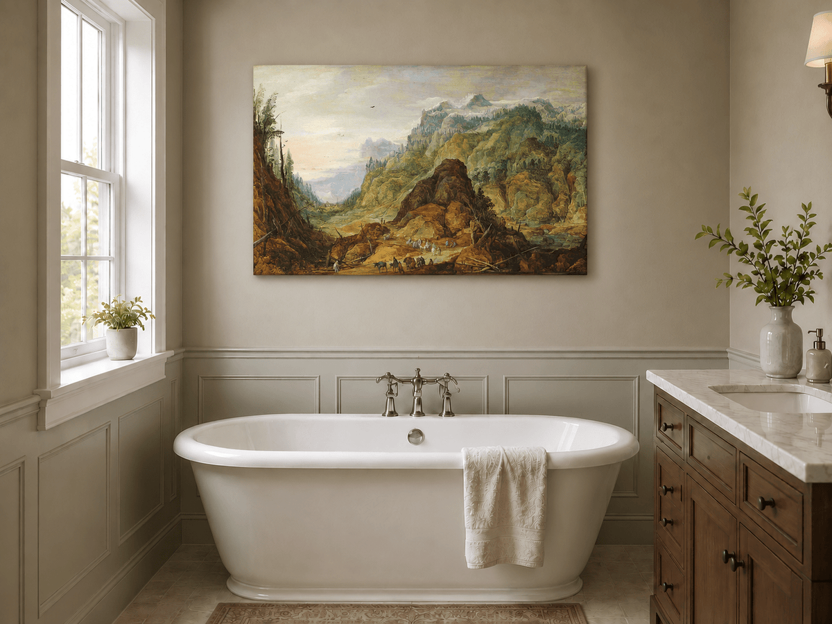 Landscape Oil Painting - Alpine Valley with Travelers and Peaks