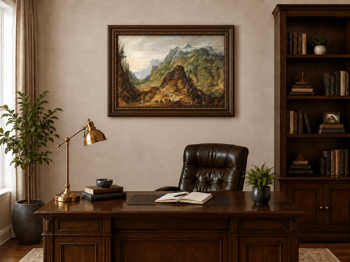 Landscape Oil Painting - Alpine Valley with Travelers and Peaks