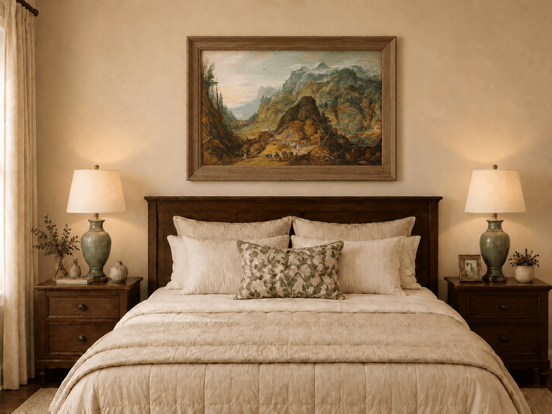 Landscape Oil Painting - Alpine Valley with Travelers and Peaks