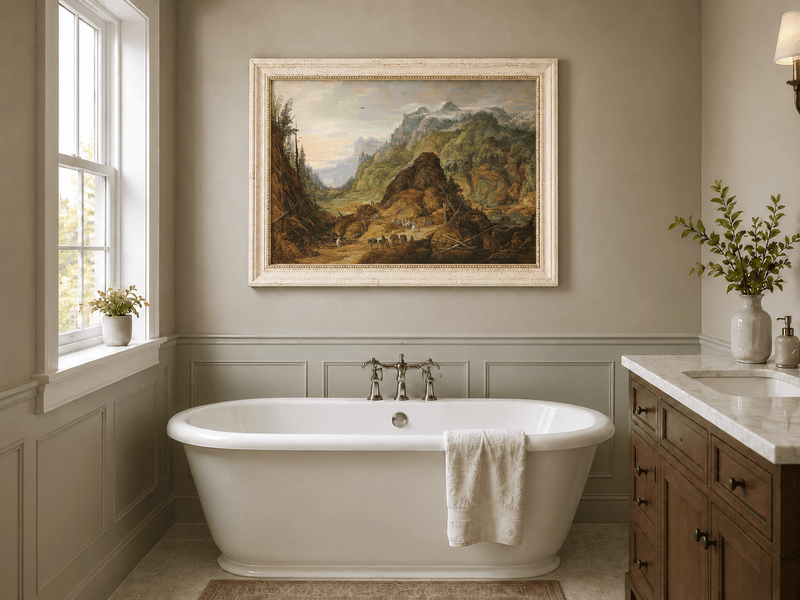 Landscape Oil Painting - Alpine Valley with Travelers and Peaks