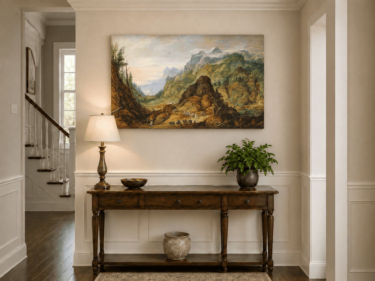 Landscape Oil Painting - Alpine Valley with Travelers and Peaks