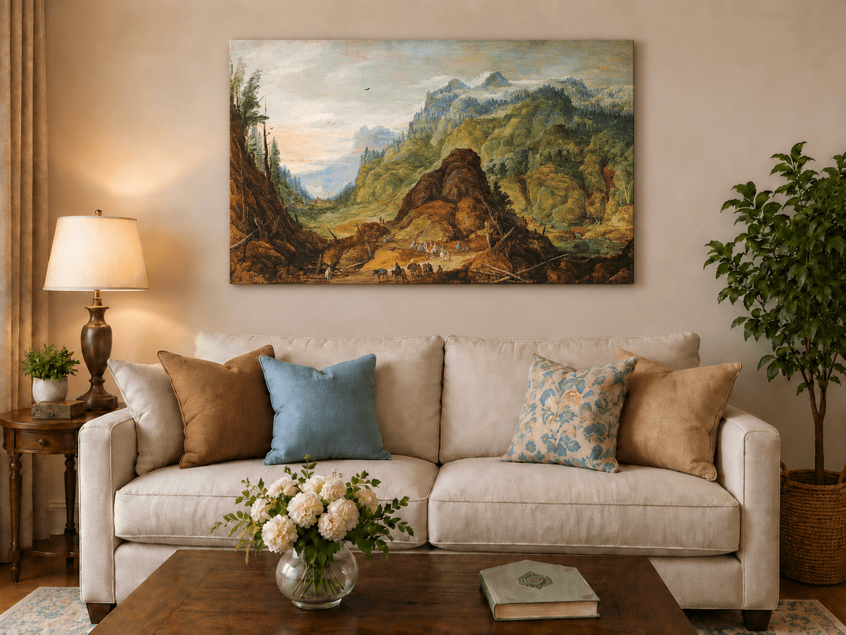 Landscape Oil Painting - Alpine Valley with Travelers and Peaks