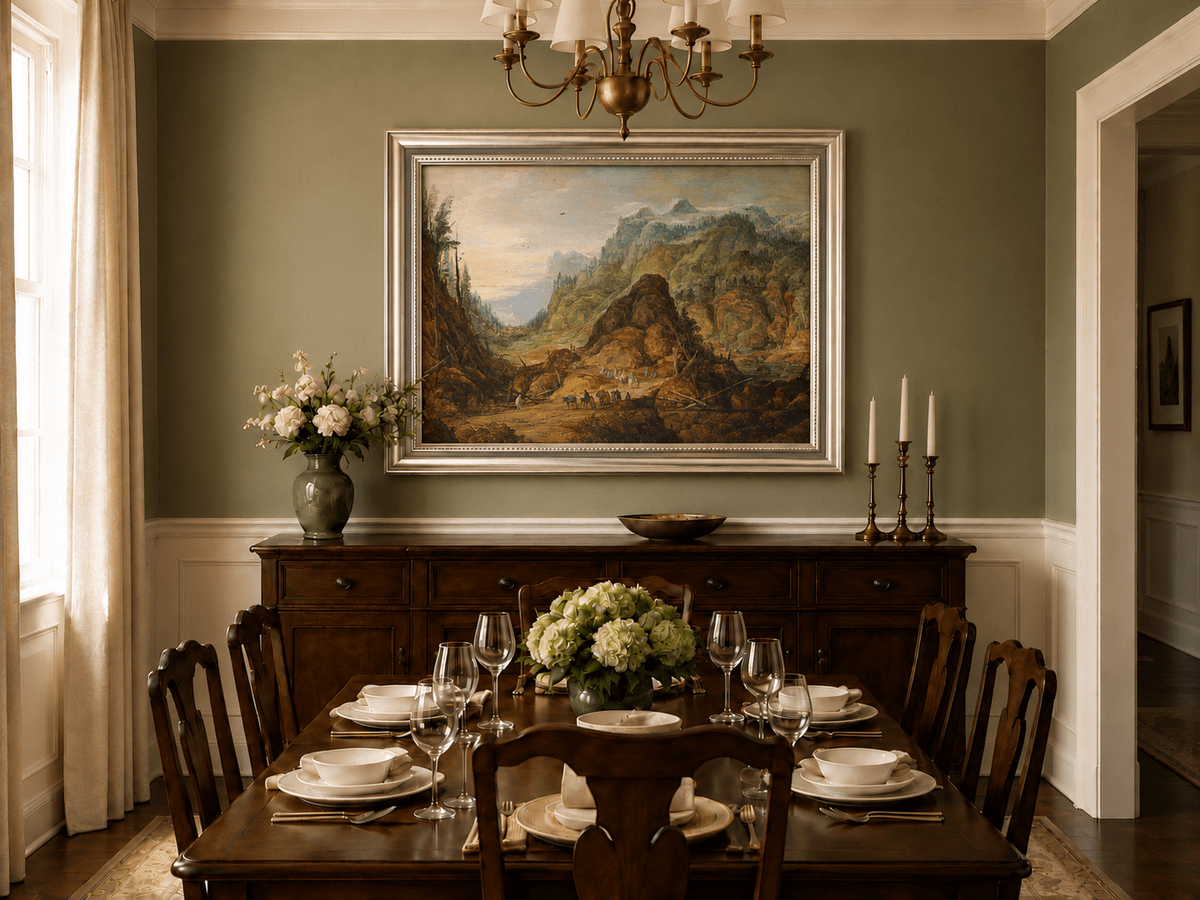 Landscape Oil Painting - Alpine Valley with Travelers and Peaks