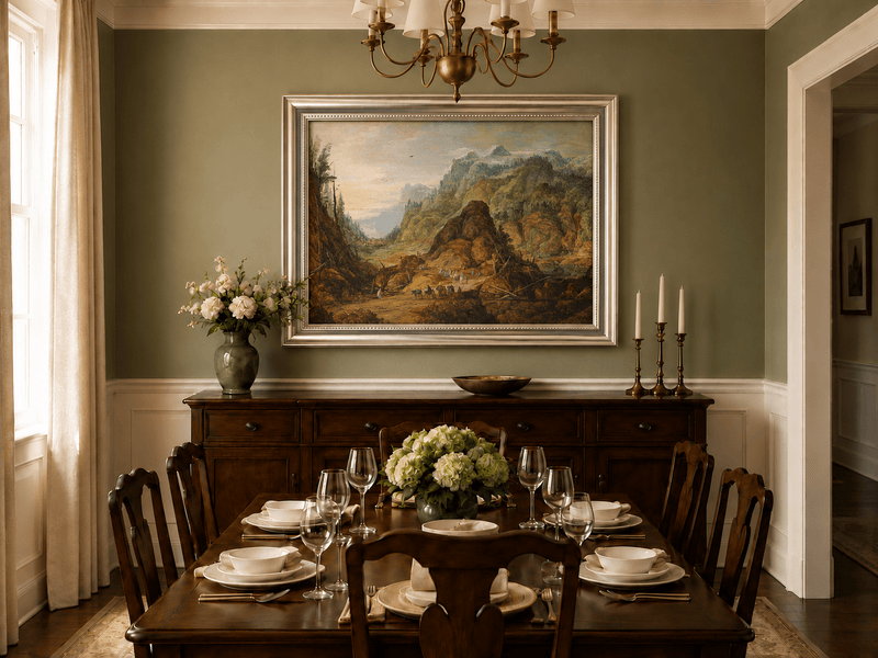 Landscape Oil Painting - Alpine Valley with Travelers and Peaks
