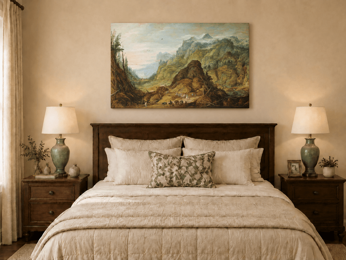 Landscape Oil Painting - Alpine Valley with Travelers and Peaks