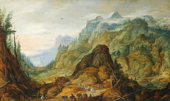 Hand-painted alpine valley with travelers and peaks landscape oil painting on canvas