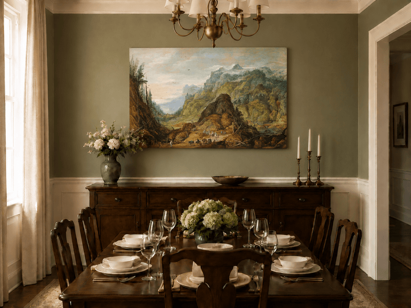 Landscape Oil Painting - Alpine Valley with Travelers and Peaks