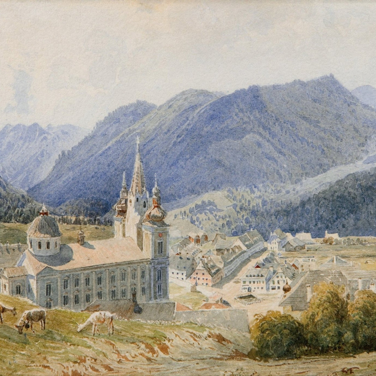 Landscape oil painting of an alpine village with a church featuring tall spires, surrounded by green fields and distant blue . - Add Frame, Alpine, Architecture, Canvas, Church, Hand Painted, Landscape, Made To Order, Mountain, Oil Painting, Village