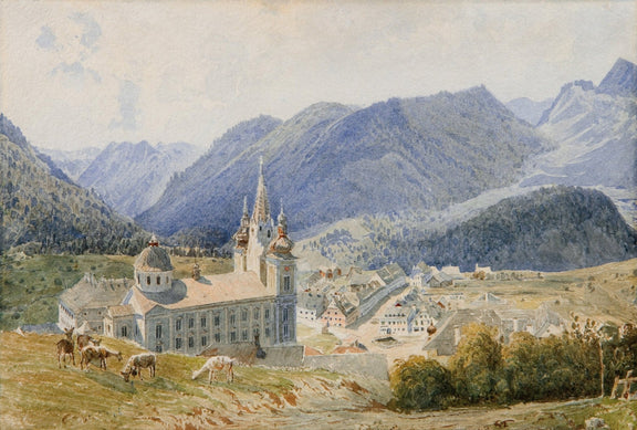 Landscape oil painting of an alpine village with a church featuring tall spires, surrounded by green fields and distant blue . - Add Frame, Alpine, Architecture, Canvas, Church, Hand Painted, Landscape, Made To Order, Mountain, Oil Painting, Village