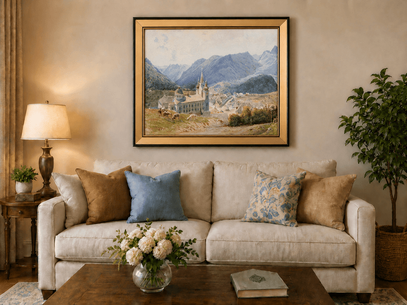 Landscape Oil Painting - Alpine Village and Church View