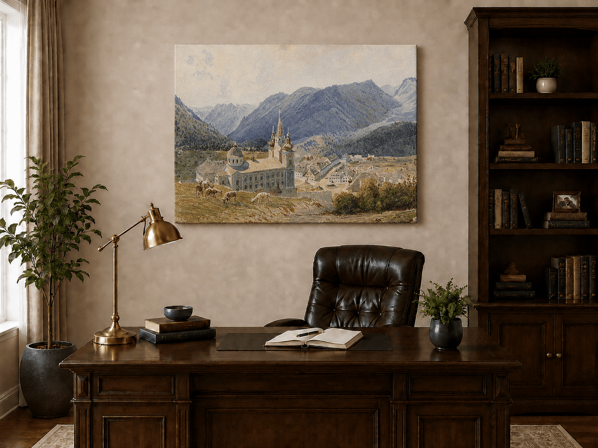 Landscape Oil Painting - Alpine Village and Church View