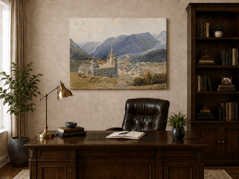Landscape Oil Painting - Alpine Village and Church View