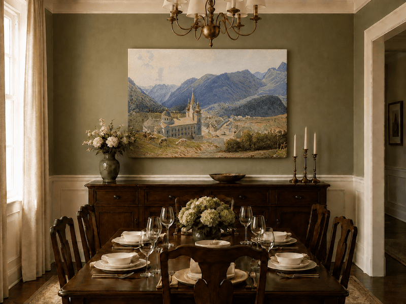 Landscape Oil Painting - Alpine Village and Church View