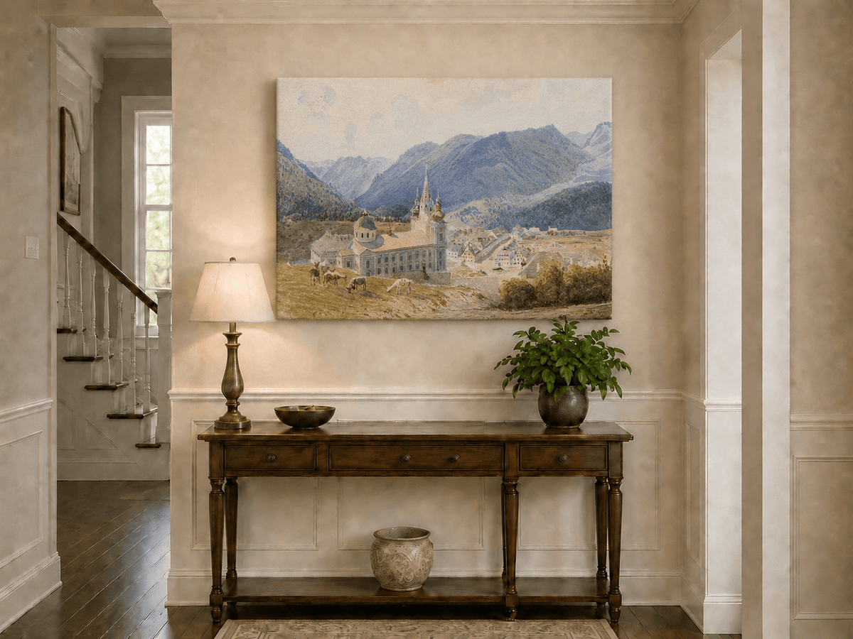 Landscape Oil Painting - Alpine Village and Church View