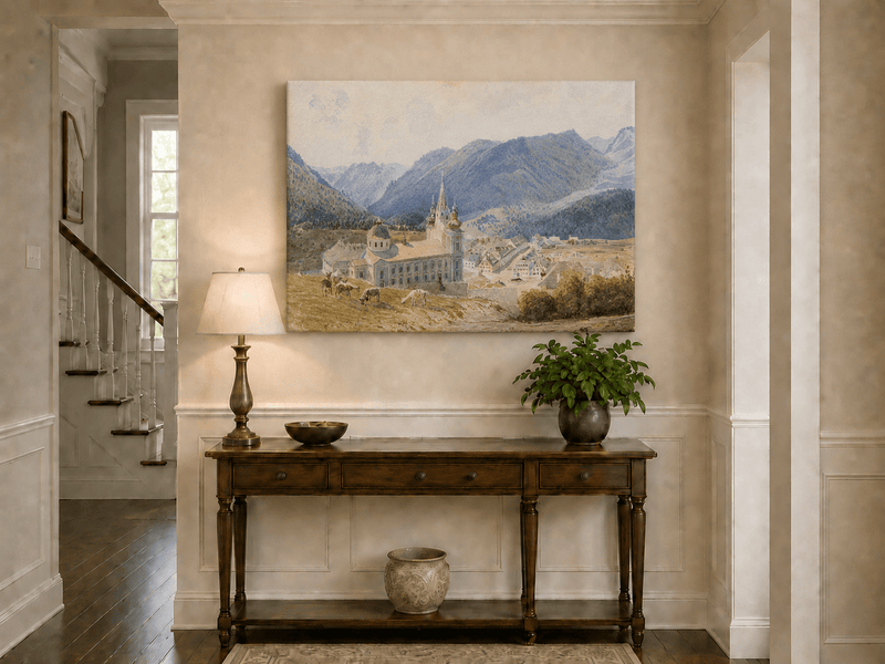 Landscape Oil Painting - Alpine Village and Church View