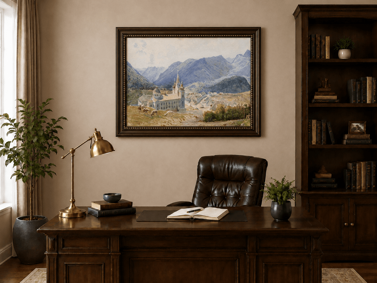 Landscape Oil Painting - Alpine Village and Church View