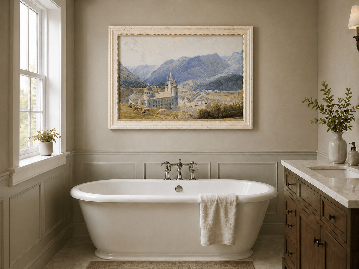 Landscape Oil Painting - Alpine Village and Church View