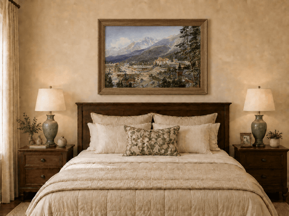 Alpine village and mountain view landscape oil painting displayed in a styled home interior wall art mockup.
