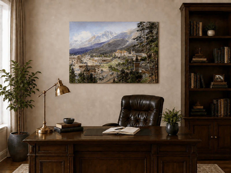 Oil landscape painting featuring an alpine village and mountain view displayed in a styled room.