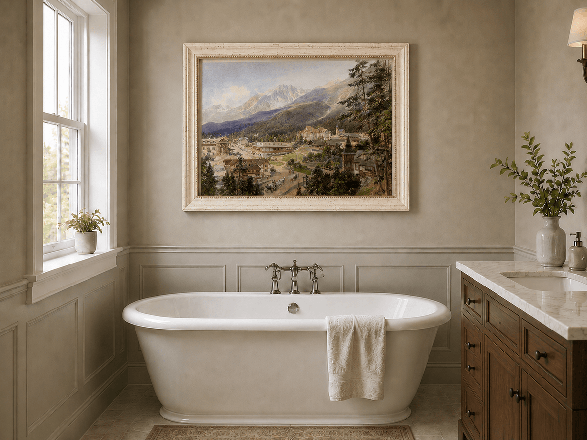 Hand-painted alpine village and mountain view landscape oil painting displayed in an interior wall setting.