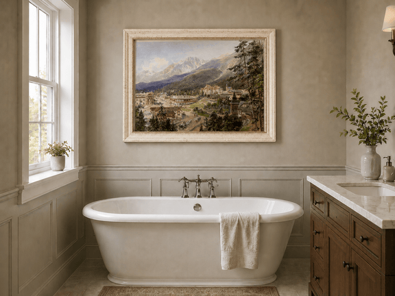 Hand-painted alpine village and mountain view landscape oil painting displayed in an interior wall setting.