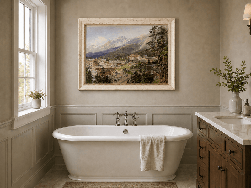 Hand-painted alpine village and mountain view landscape oil painting displayed in an interior wall setting.