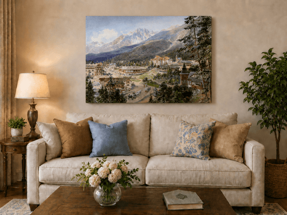 Hand-painted alpine village and mountain view artwork presented as wall decor in a home interior.