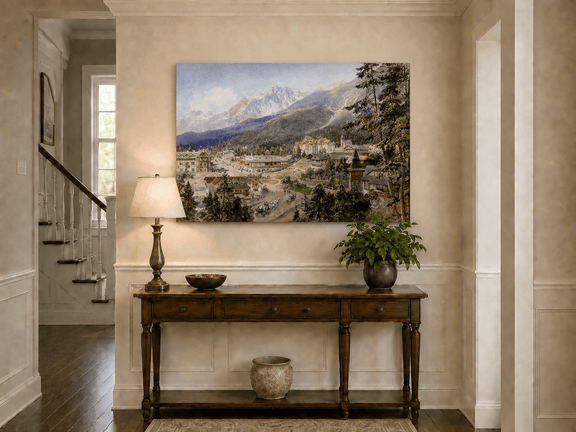 Alpine village and mountain view landscape painting shown as decorative oil art in an interior room.