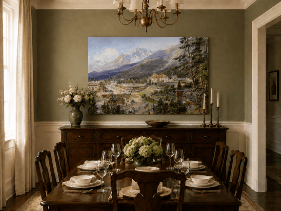 Alpine village and mountain view landscape oil painting presented as home wall decor in a styled interior.