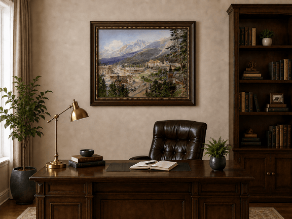 Landscape oil painting of an alpine village and mountain view shown in a home wall art mockup.