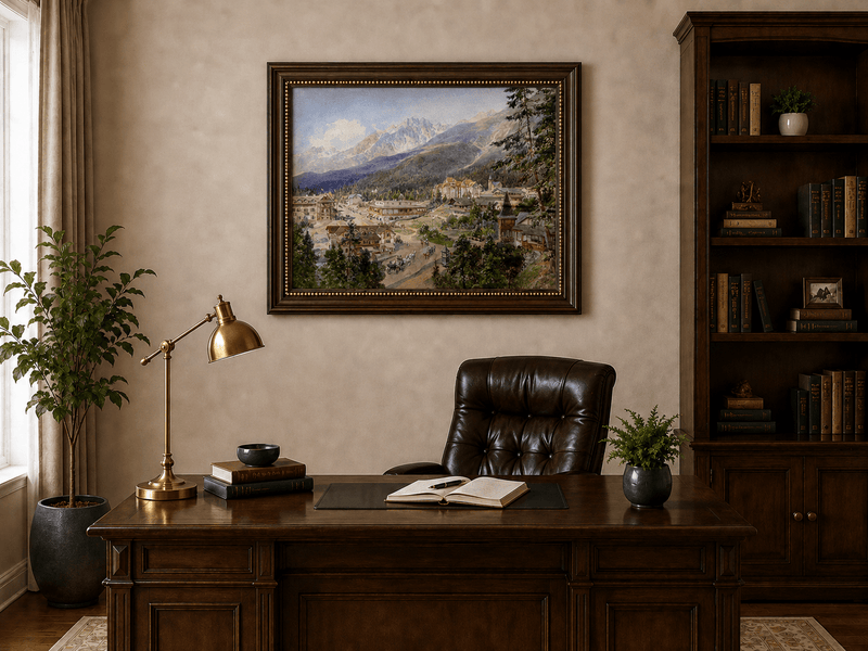 Landscape oil painting of an alpine village and mountain view shown in a home wall art mockup.