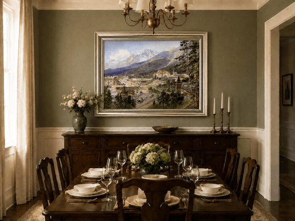 Alpine village and mountain view landscape oil painting shown as wall art in a styled home interior.