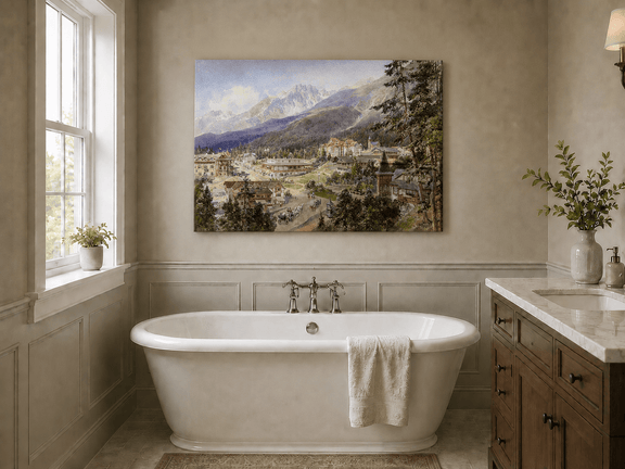 Alpine village and mountain view landscape oil painting displayed in a second styled interior setting.
