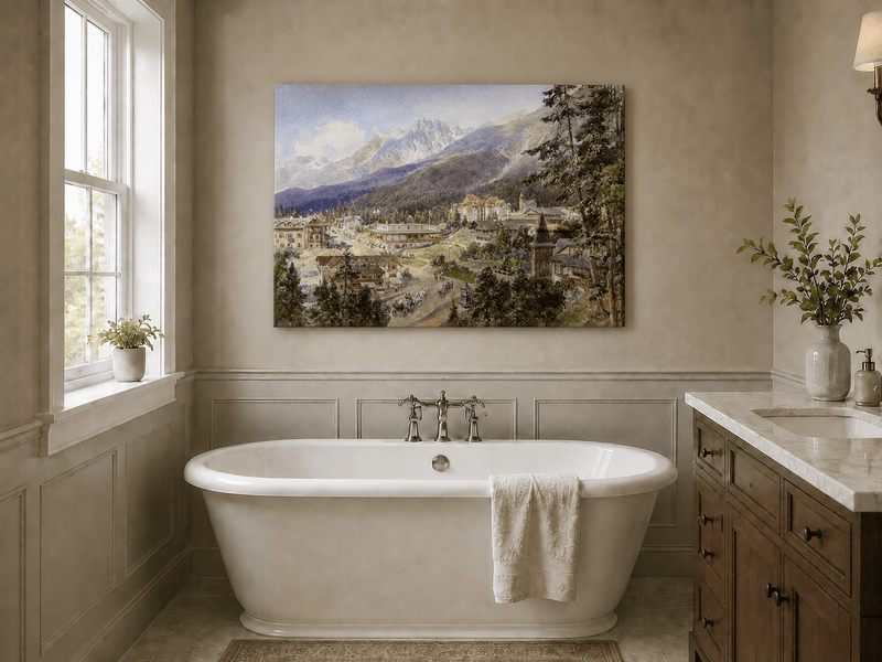 Alpine village and mountain view landscape oil painting displayed in a second styled interior setting.