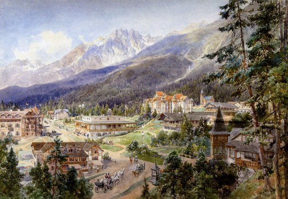 Hand painted oil on canvas landscape oil painting of an alpine village with textured brushwork, mountains in background,. - Add Frame, Alpine, Canvas, Hand Painted, Landscape, Made To Order, Mountain, Oil Painting, Village