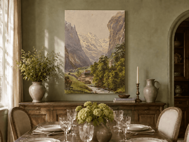 Landscape Oil Painting - Alpine Village and Snowy Mountain Stream