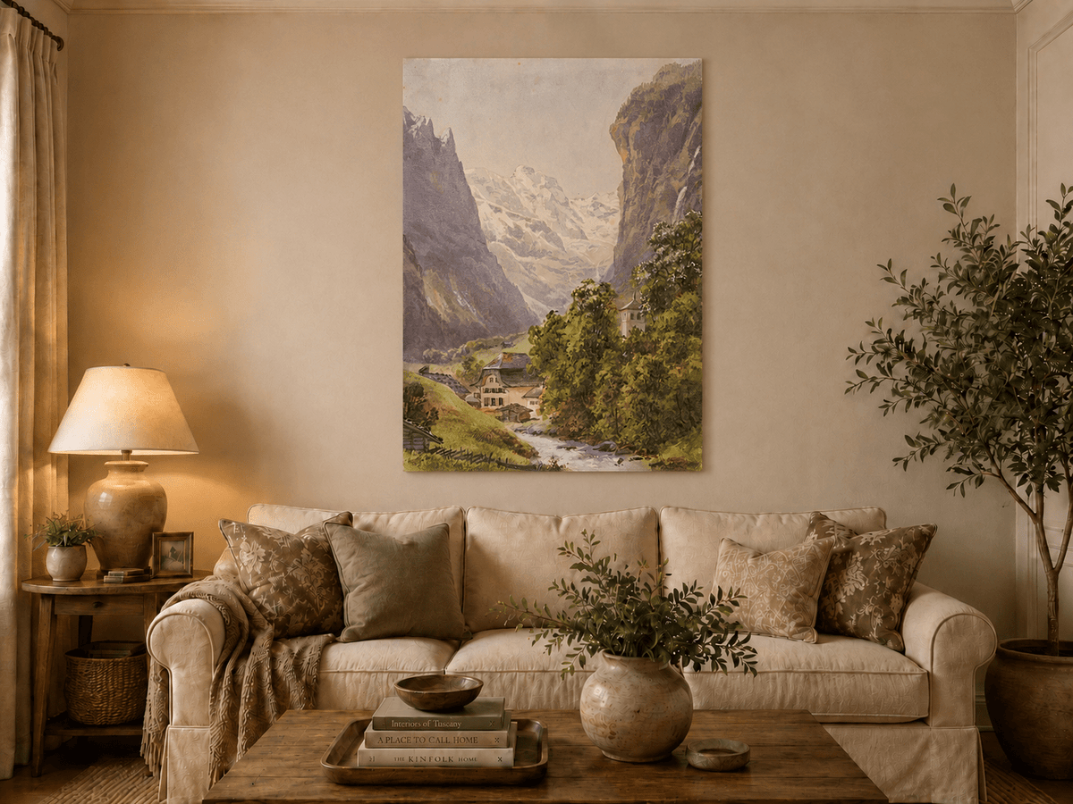 Landscape Oil Painting - Alpine Village and Snowy Mountain Stream