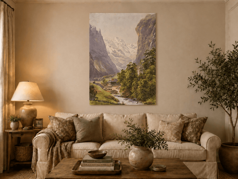 Landscape Oil Painting - Alpine Village and Snowy Mountain Stream