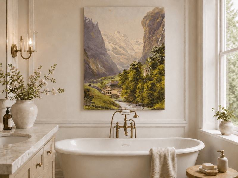 Landscape Oil Painting - Alpine Village and Snowy Mountain Stream