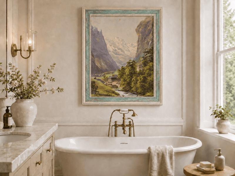 Landscape Oil Painting - Alpine Village and Snowy Mountain Stream
