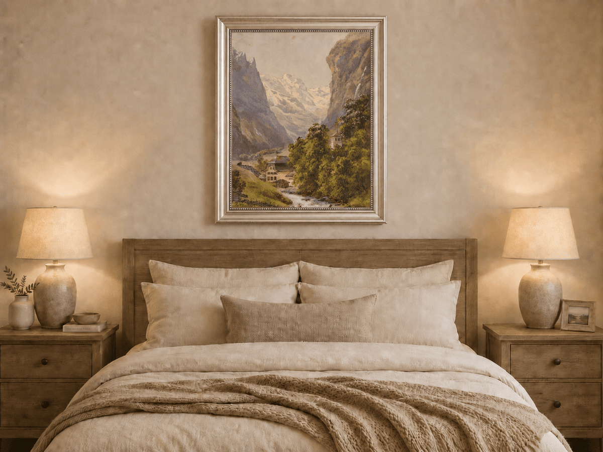 Landscape Oil Painting - Alpine Village and Snowy Mountain Stream