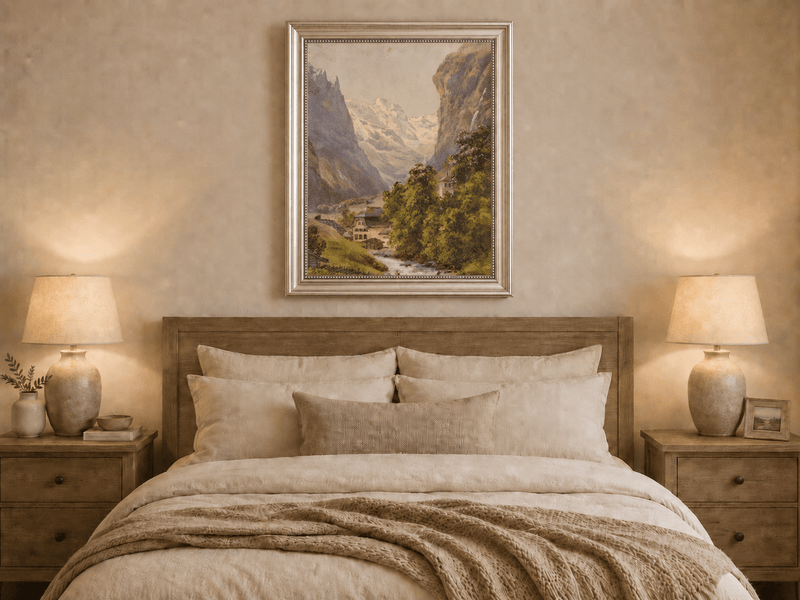 Landscape Oil Painting - Alpine Village and Snowy Mountain Stream