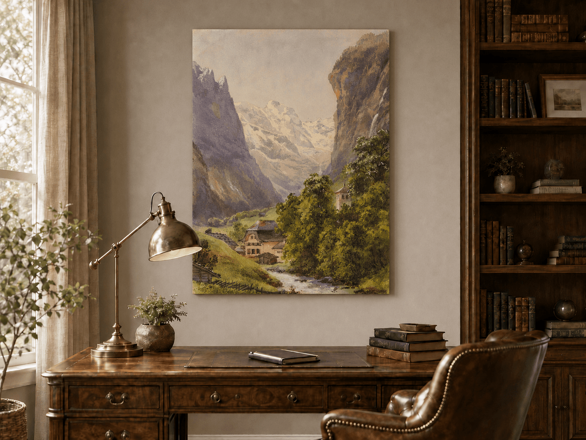 Landscape Oil Painting - Alpine Village and Snowy Mountain Stream