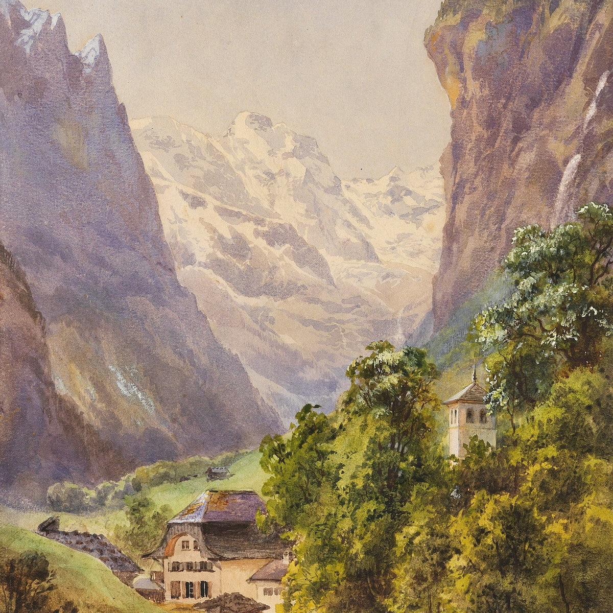 Landscape Oil Painting - Alpine Village and Snowy Mountain Stream - Oil Painting Haven