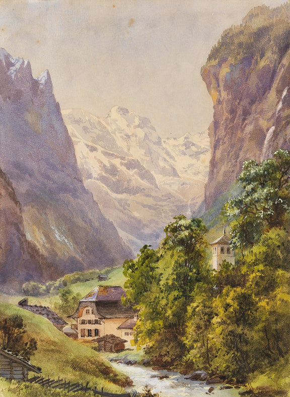 Landscape Oil Painting - Alpine Village and Snowy Mountain Stream - Oil Painting Haven
