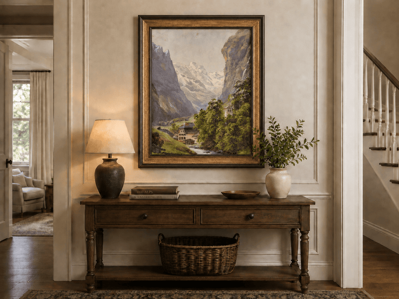 Landscape Oil Painting - Alpine Village and Snowy Mountain Stream