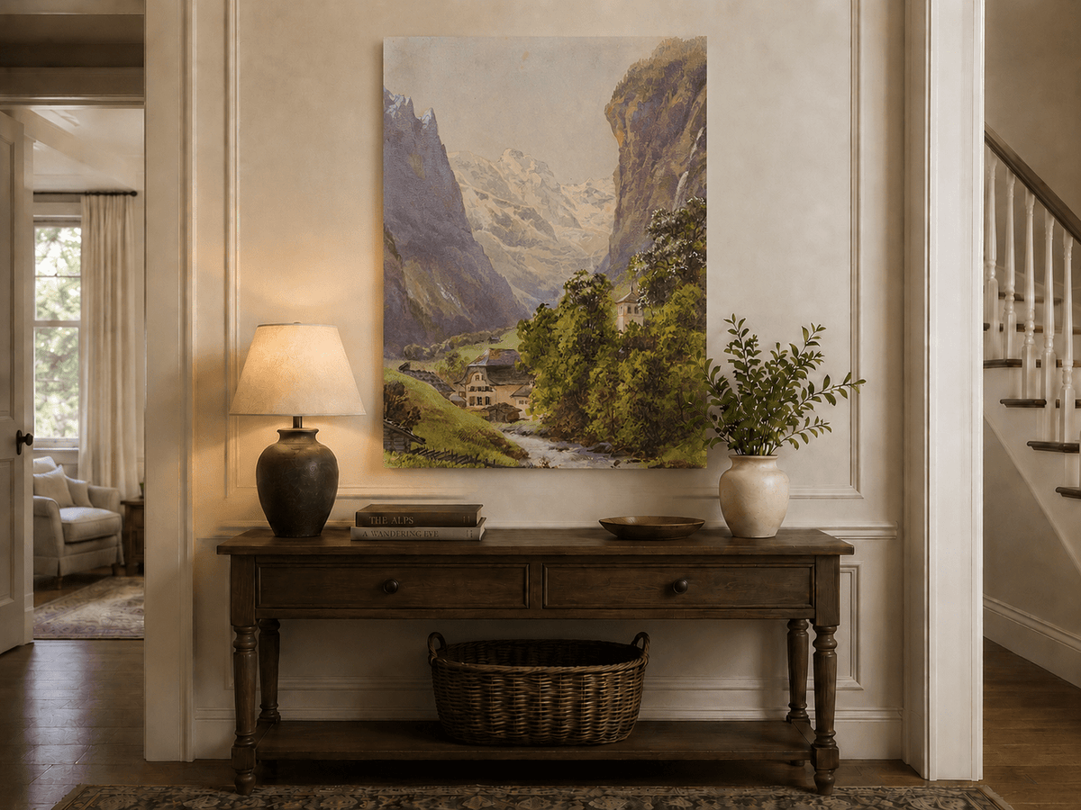 Landscape Oil Painting - Alpine Village and Snowy Mountain Stream