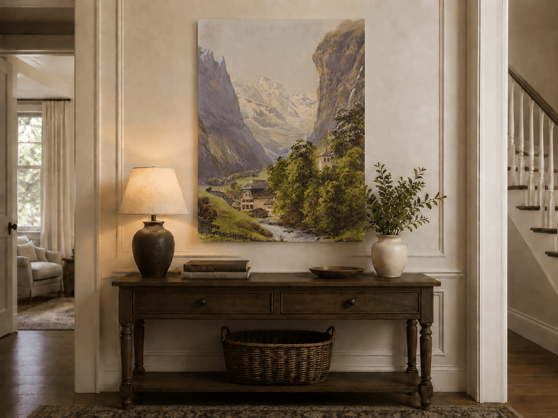 Landscape Oil Painting - Alpine Village and Snowy Mountain Stream