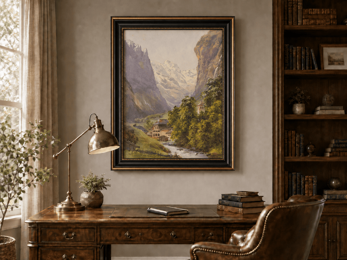 Landscape Oil Painting - Alpine Village and Snowy Mountain Stream
