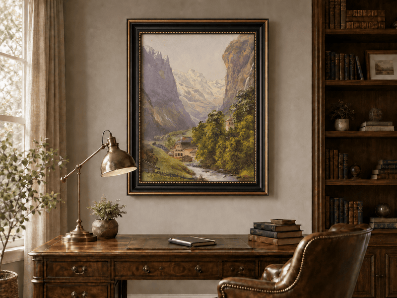 Landscape Oil Painting - Alpine Village and Snowy Mountain Stream